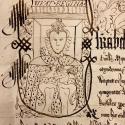 A hand-drawn black-and-white illustration of Queen Elizabeth I from the Elizabeth I, Queen of England document (SC 01561). Elizabeth wears a crown and royal robes. She appears to hold a mace or specter in one hand and a cross in the other.