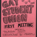 Pink, handwritten flyer announcing the first meeting of the W&M Gay Student Union for the fall 1997 semester.