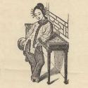 Engraved image of "The Chinese Lady" leaning against a Chinese style table and holding a paper fan