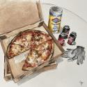 Watercolor painting of take out pizza, gloves and Clorox wipes