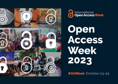 Grid of images of campus activities with the open access lock symbol on top of each, and the hashtag #OAweek