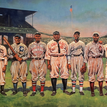 Drawing of Negro Leagues baseball players on the field with a stadium in the background