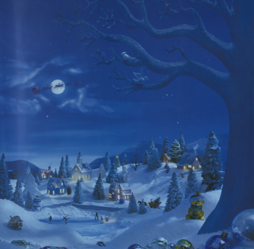 Detailed photographic image of a winter's night with Santa's sleigh and reindeer in the sky